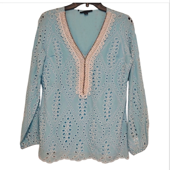 NWOT Boston Proper Top Tunic Eyelet Embellished Blue Sz S - Picture 2 of 9